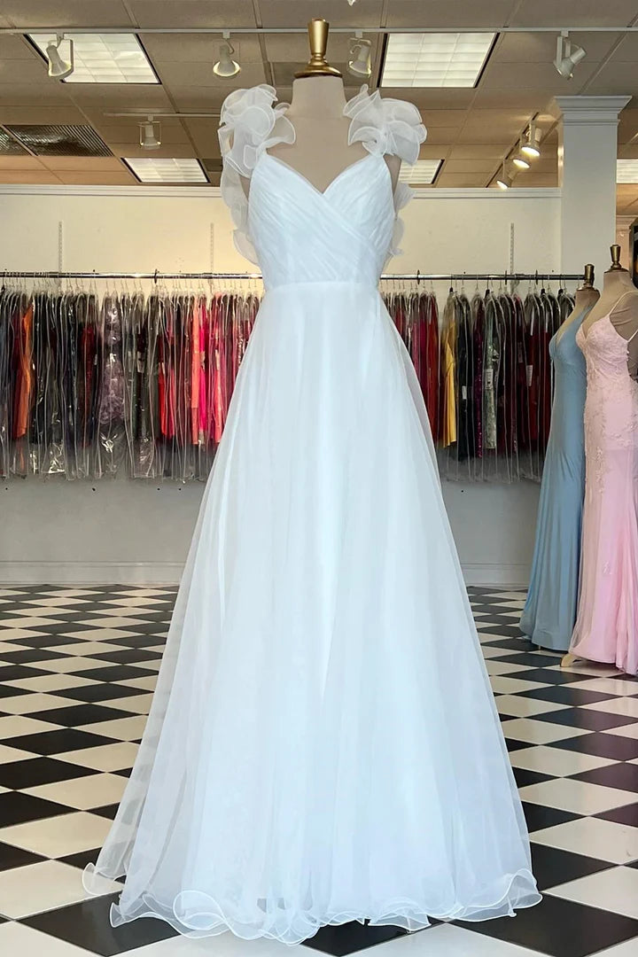 Vestido de fiesta con mangas cortas, espalda descubierta, corte A, cruzado y volantes